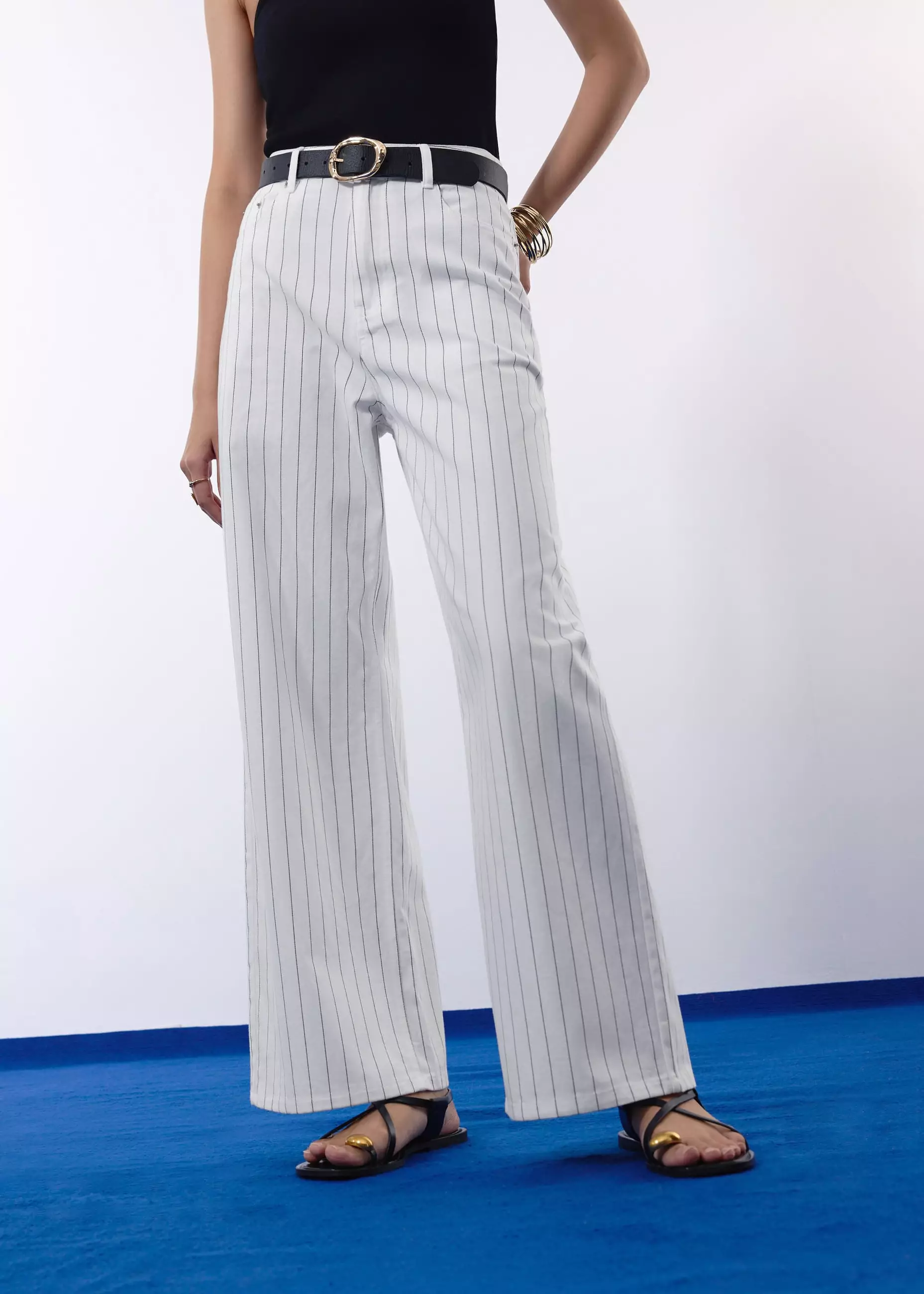 Celana Panjang Wanita - Pinstripe Cotton Twill 5-Pocket High Rise Straight Leg Pants