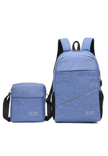 Jackbox blue Set of 2 Korean Fashion Joy Start Ipad Laptop Bag with USB Charging Port Backpack 542 (Blue) 09246ACCD6B26AGS_1