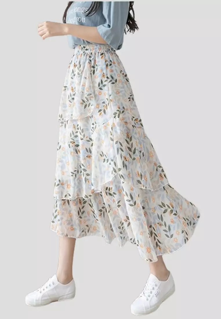 Floral Printed Ruffle Chiffon Skirt