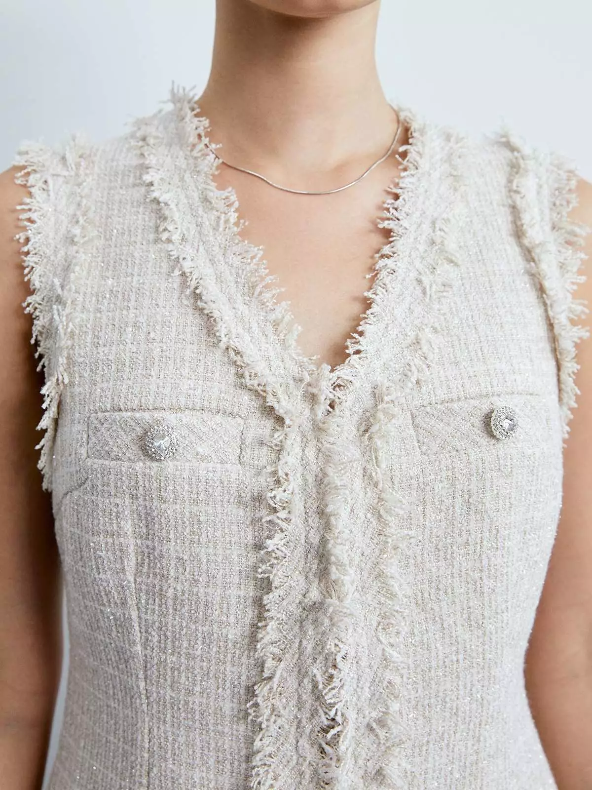 Tweed Frilled Hem Vest - Beige