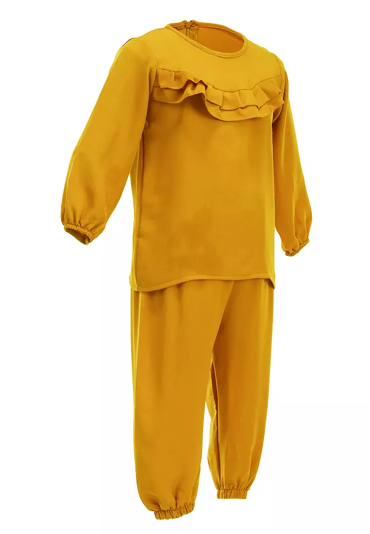 Jourell Setelan Anak Perempuan Lengan Panjang Kids One Set Motif Polos Material Cotton ORIGINAL - Soft Yellow