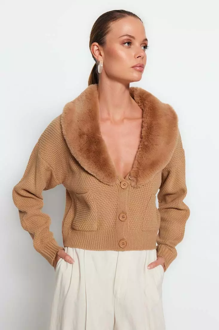 Faux Fur Womens Fur Collar Cardigan Crop Faux Fur Collar Cardigan