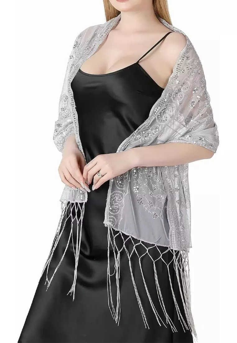 Aksesoris Wanita Peacock Sequin Lace  Fringed Evening Shawl Syal Pesta Wanita Snow White