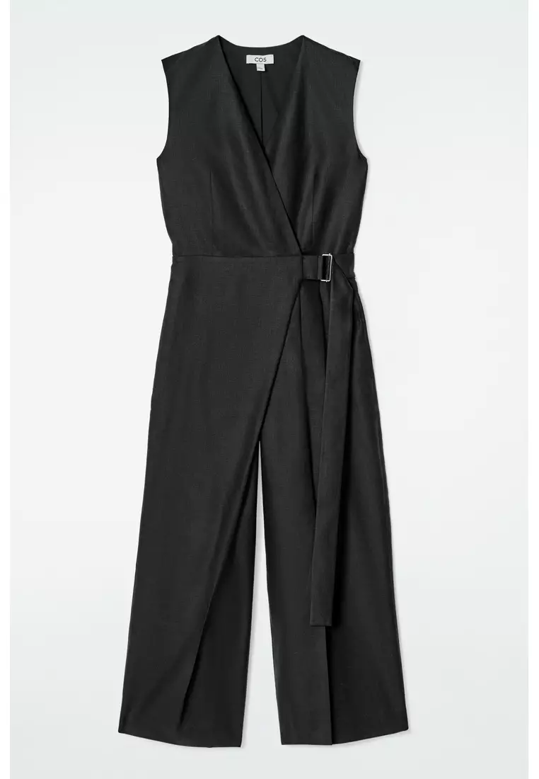 WRAP-FRONT LINEN JUMPSUIT