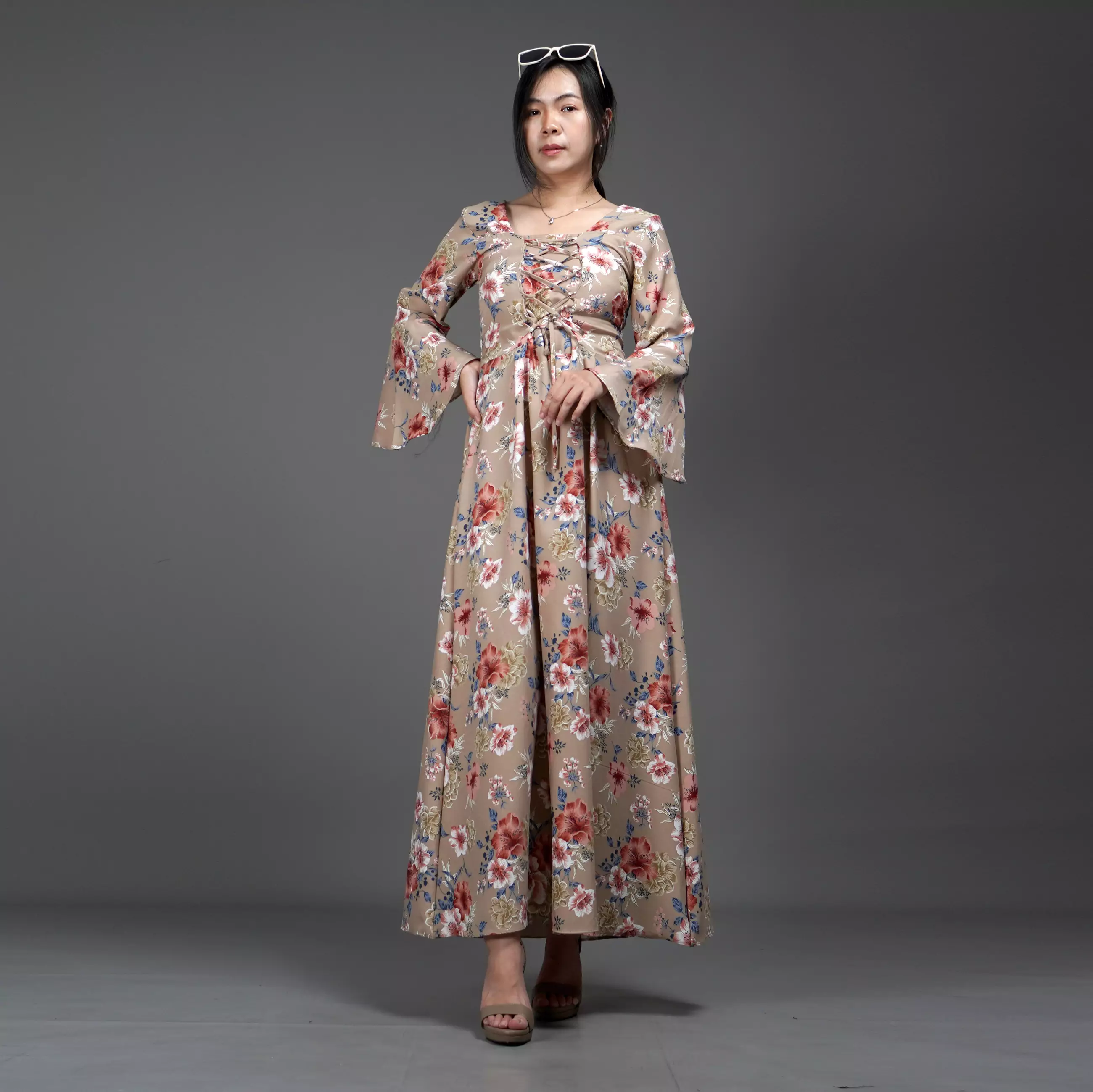  CLOVERIA Long Dress Motif Bunga Gaya Korea Dress Wanita Korean Style - Coksu