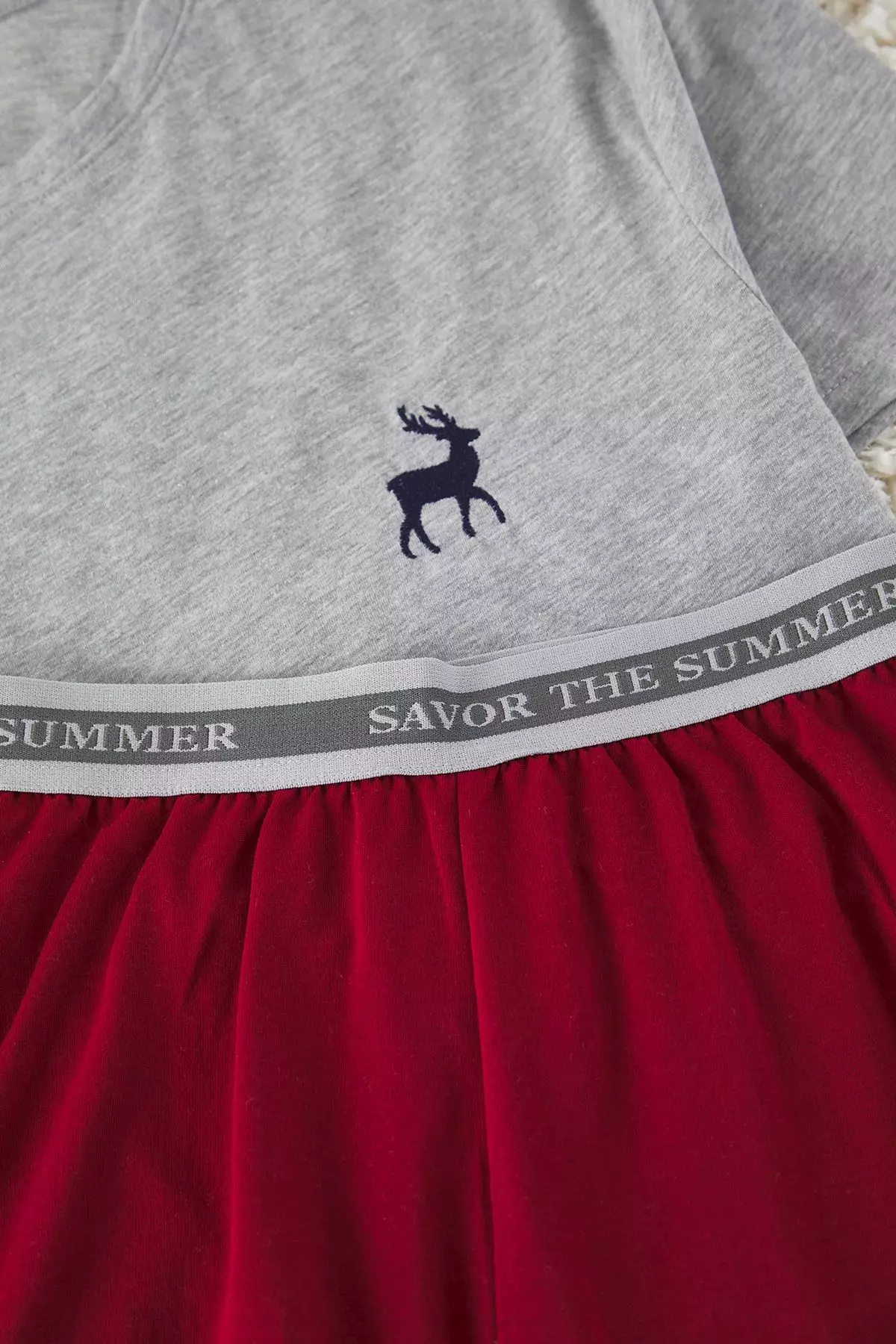 Grey Melange- Claret Red Slim Fit Dowry Deer Embroidered Shorts Knitted Pajama Set TMNSS25PT00070