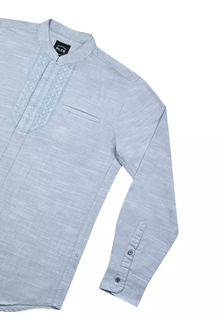 POLICE Kemeja Koko Bordir Cotton Slub Regular Fit Lengan Panjang Pria