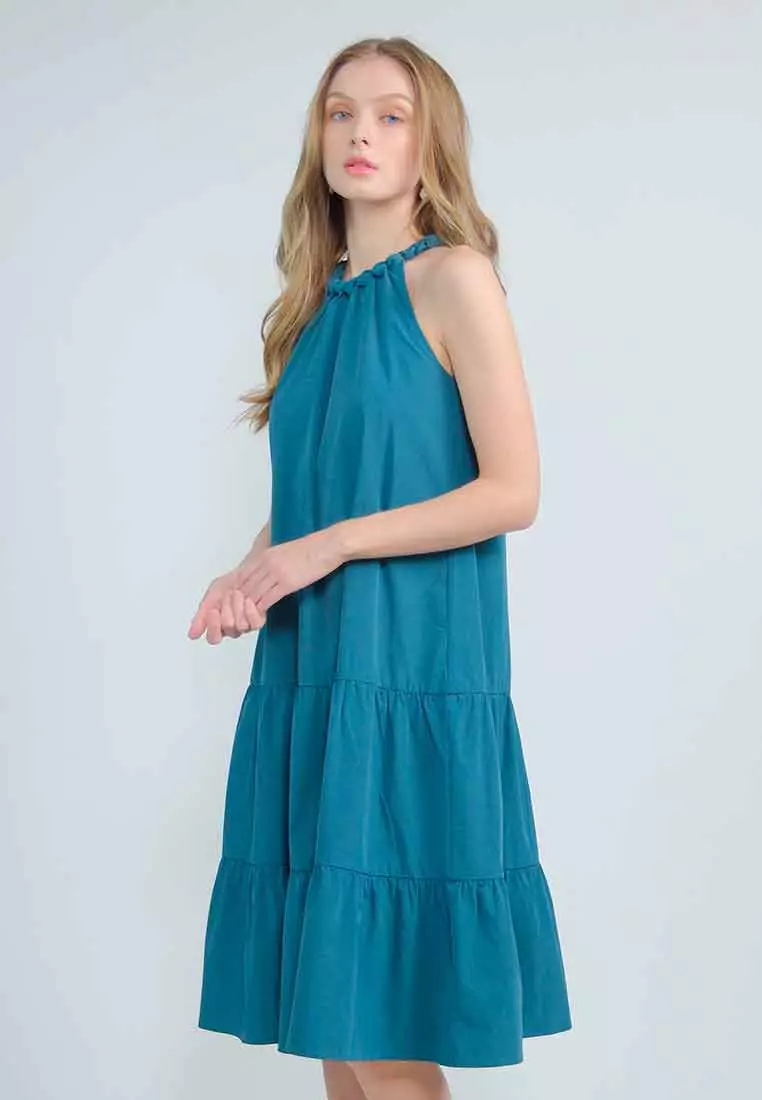 Orlisse Shift Flounce Hem Dress with Braided Neckline