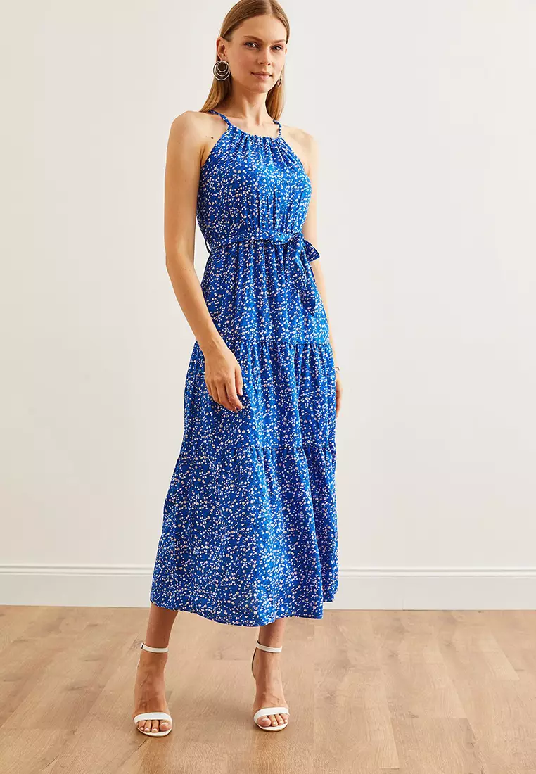 Halter Neck Belted Woven Viscose Dress