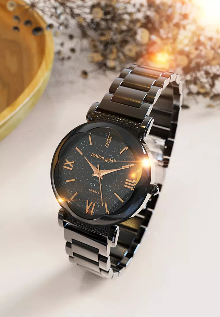 Romish Watch Embellished with Glittering Crystals - Black and Rose Gold
