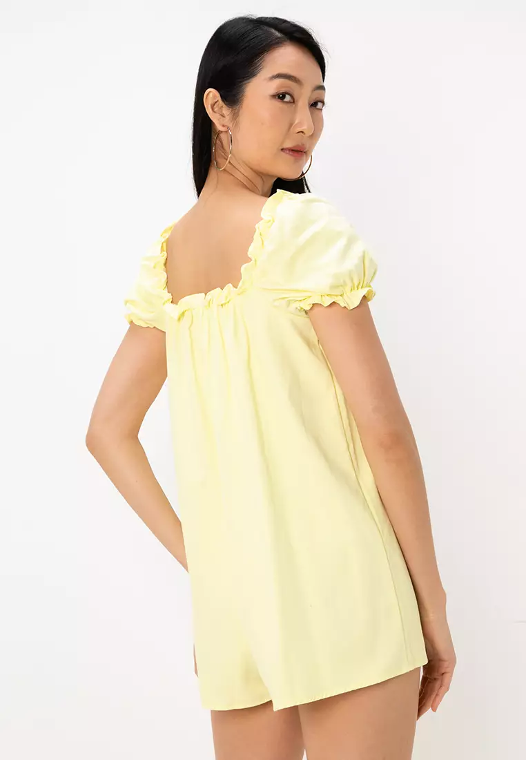 Petite Twill Puff Sleeve Smock Playsuit