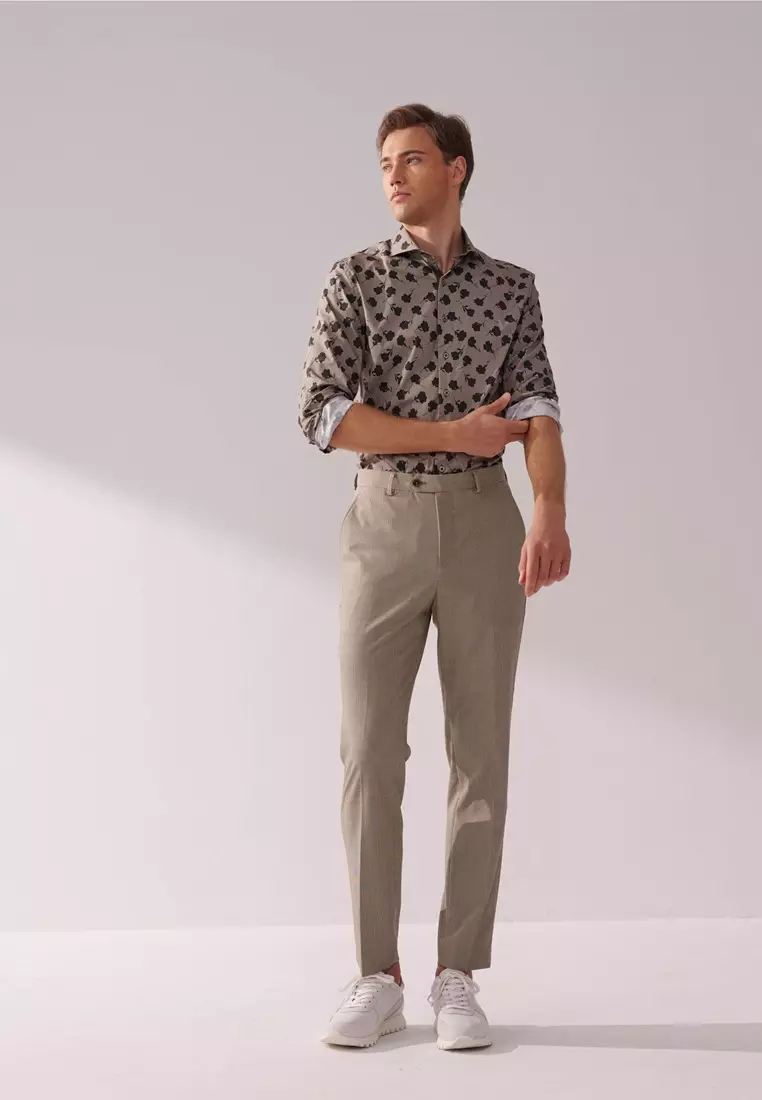 Khaki Green Floral Print Classic Fit Shirt