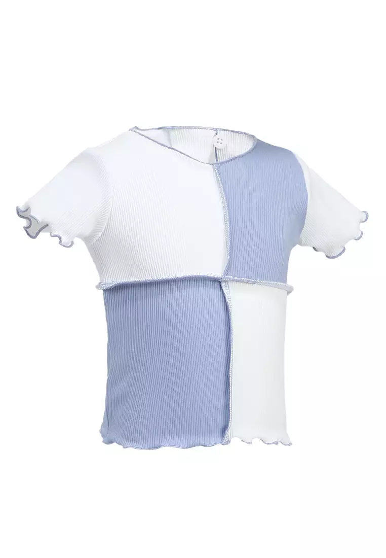 Octavia Top Blouse Anak Perempuan Desain Kombinasi Warna Atasan Lengan Pendek Material Knit ORIGINAL - Baby Blue