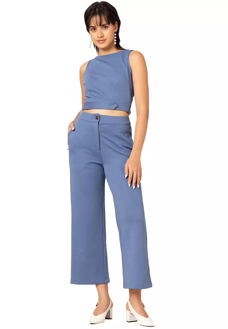 Buy FabAlley Blue Sleeveless Crop Top And Straight Fit Trousers Co