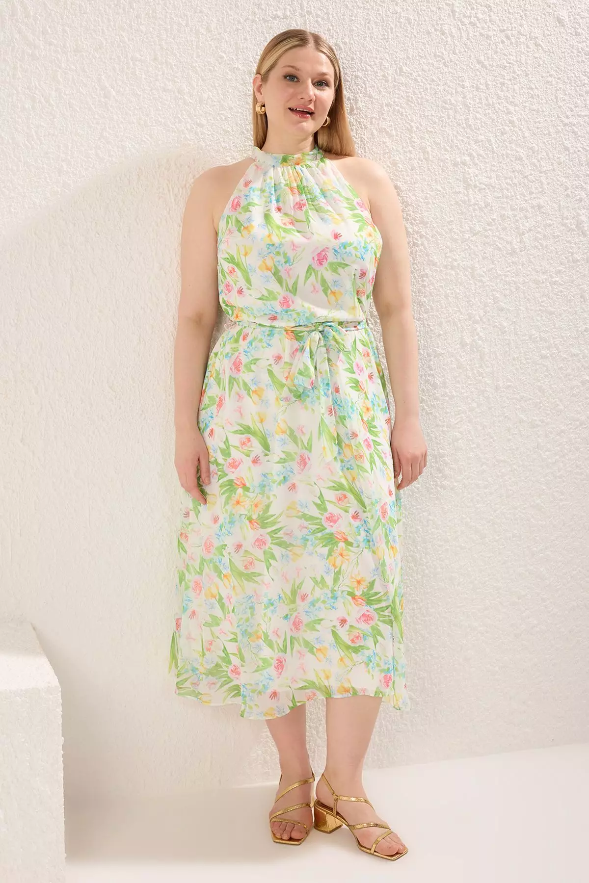 Ecru Chiffon Floral Lined Halter Neck Midi Woven Plus Size Dress  TBBSS25AH00024