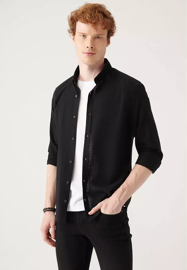 Men's Black Button-Down Collar 100% Cotton Linen Textured Shirt E002141