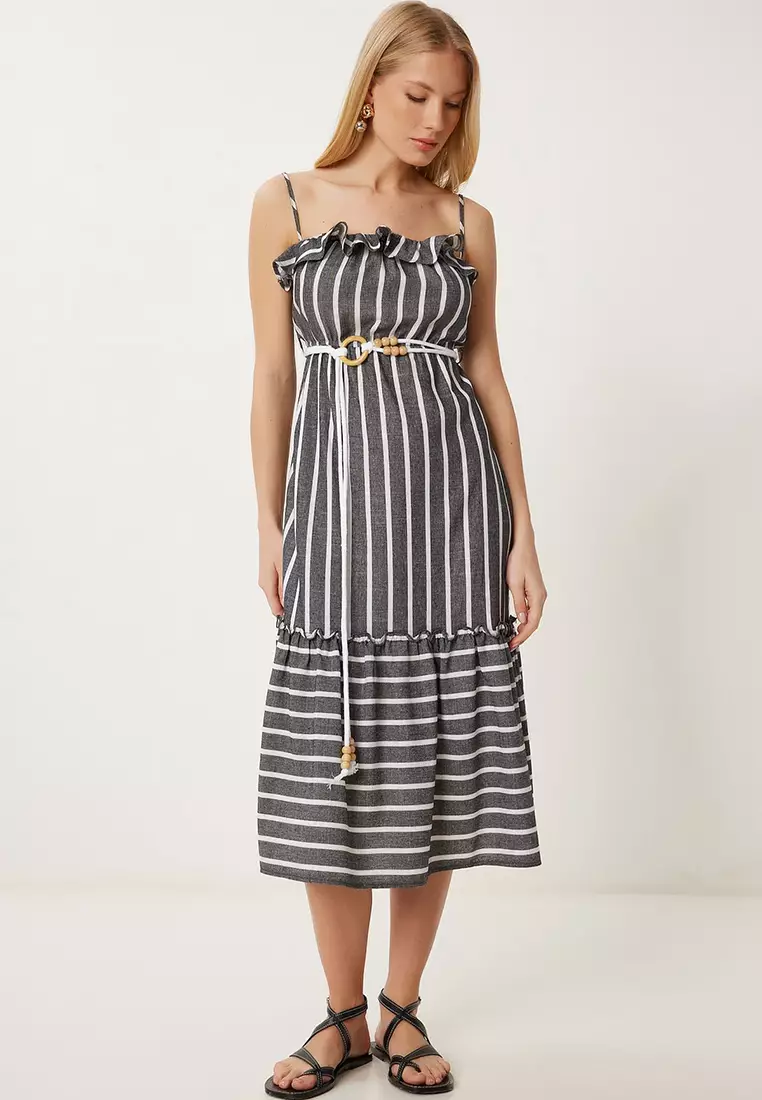Women's Anthracite Bone Striped Flounced Summer Woven Dress Li00126