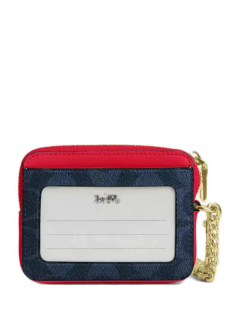 COACH Coach Zip Card Case In Signature Canvas - Denim/Bold Red