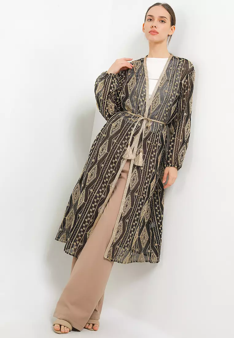 Ethnic Emb Linen Outer W/ Gold Tassel Belt