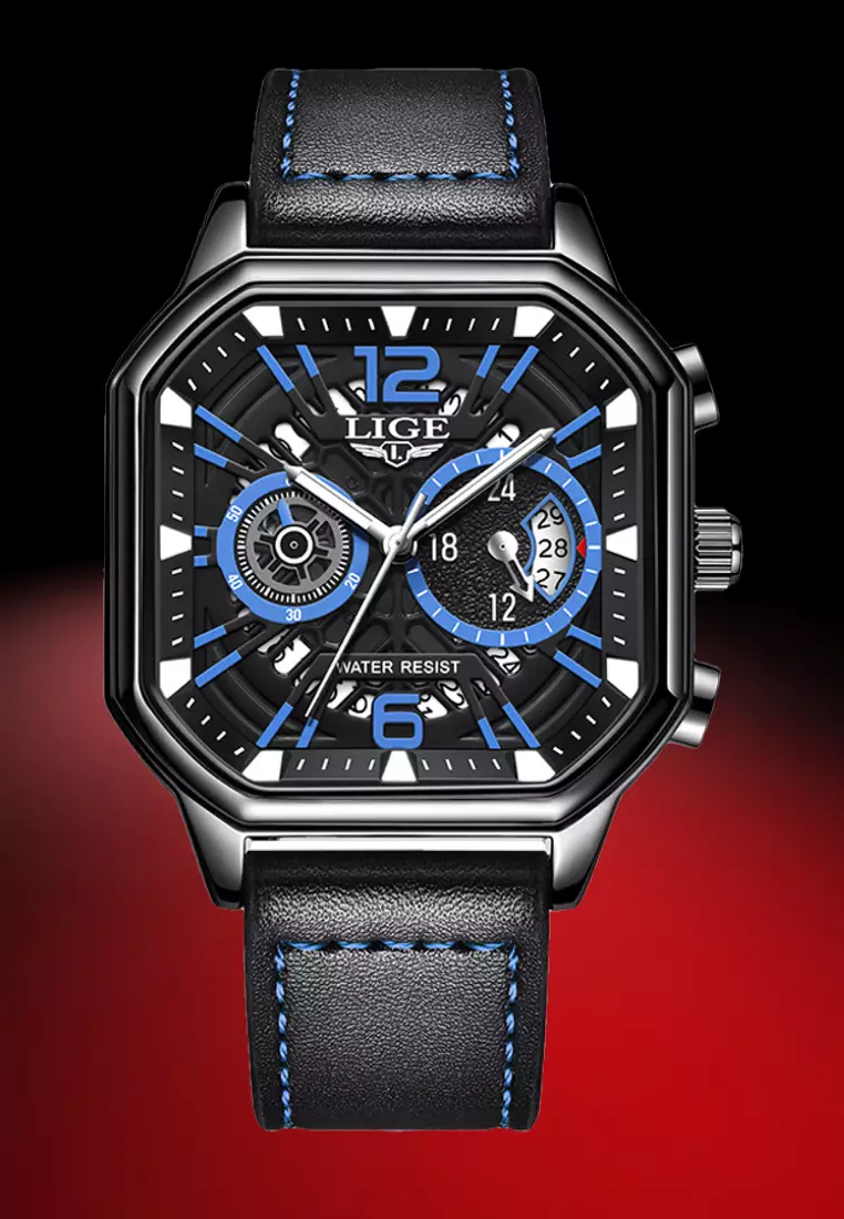 Chronograph Unisex Stainless Steel Square Quartz Watch 43X43mm, black dial, Leather Strap