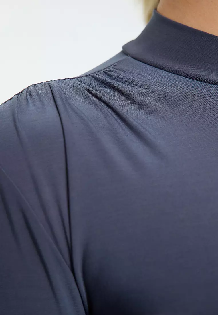 Dark Gray Sleeve Gather Detailed Fitted High Collar Crop Stretchy Knitted Blouse TWOAW23EL01391