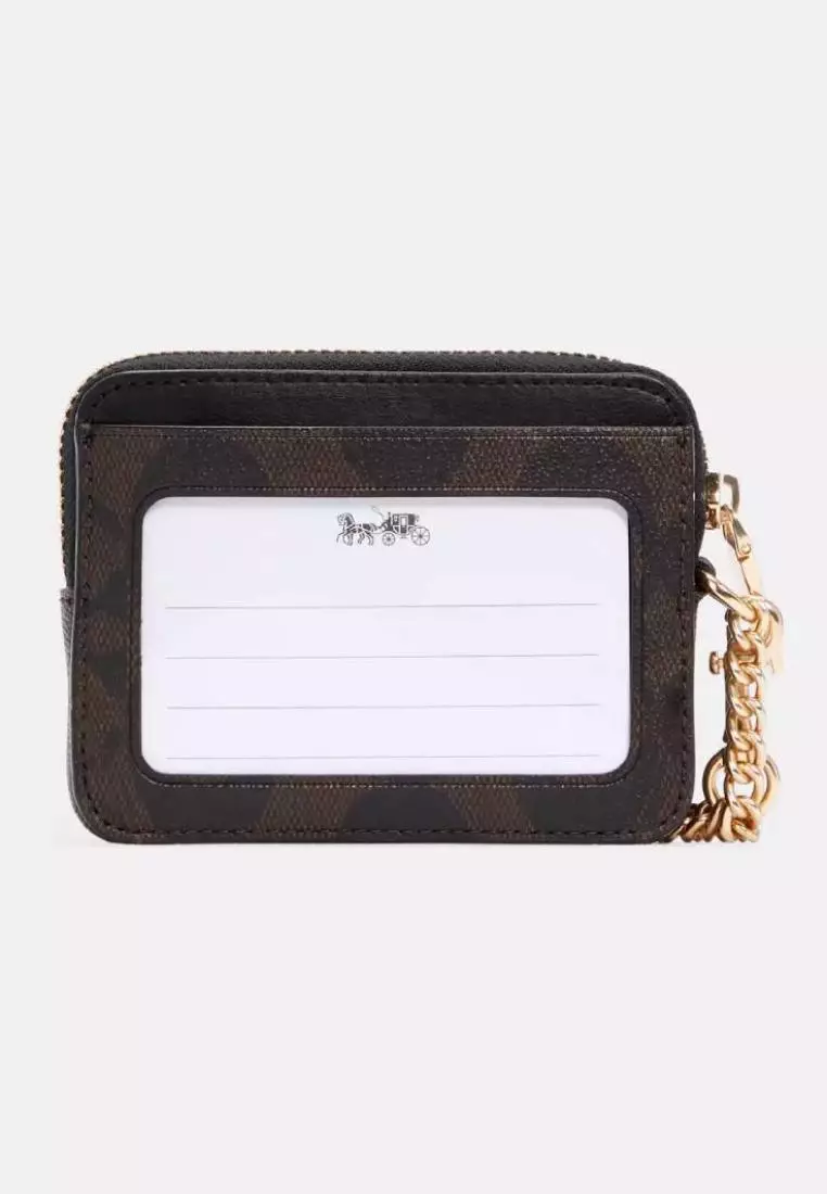 Coach Zip Card Case In Blocked Signature Canvas Khaki Brown Multi