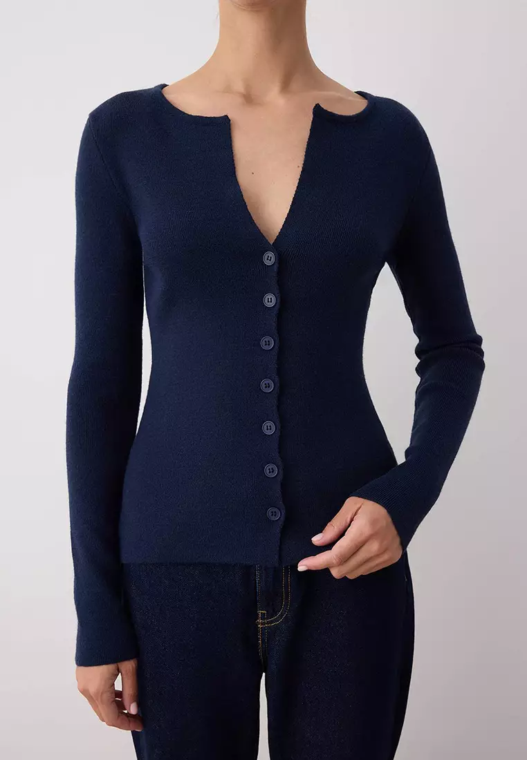 Navy Blue Premium Yarn/Special Yarn Fitted/Slim Fit Wool Knitwear Cardigan