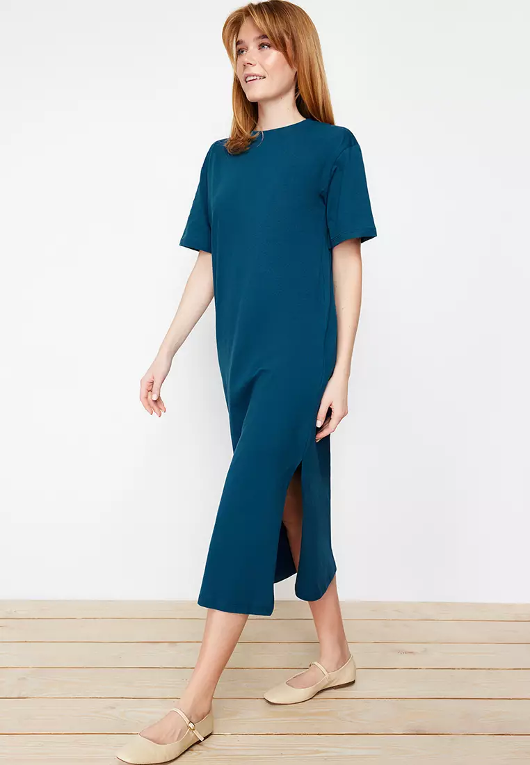 Petrol Plain T-Shirt Dress Slit Detailed Shift/Relaxed Cut Midi
