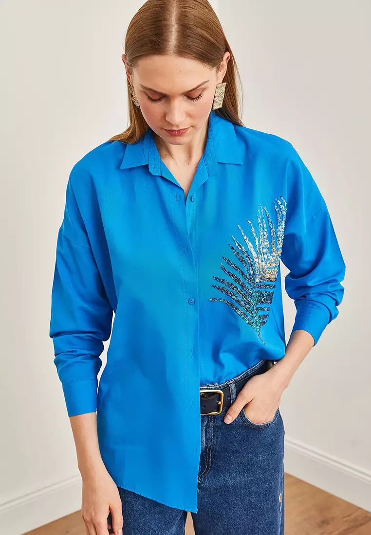 Palm Sequin Detailed Oversize Woven Poplin Shirt