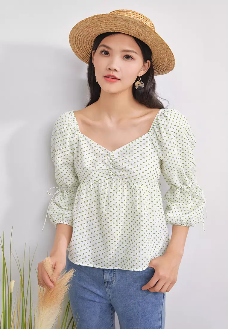 Puff Sleeve Ruched Polka Dot Top