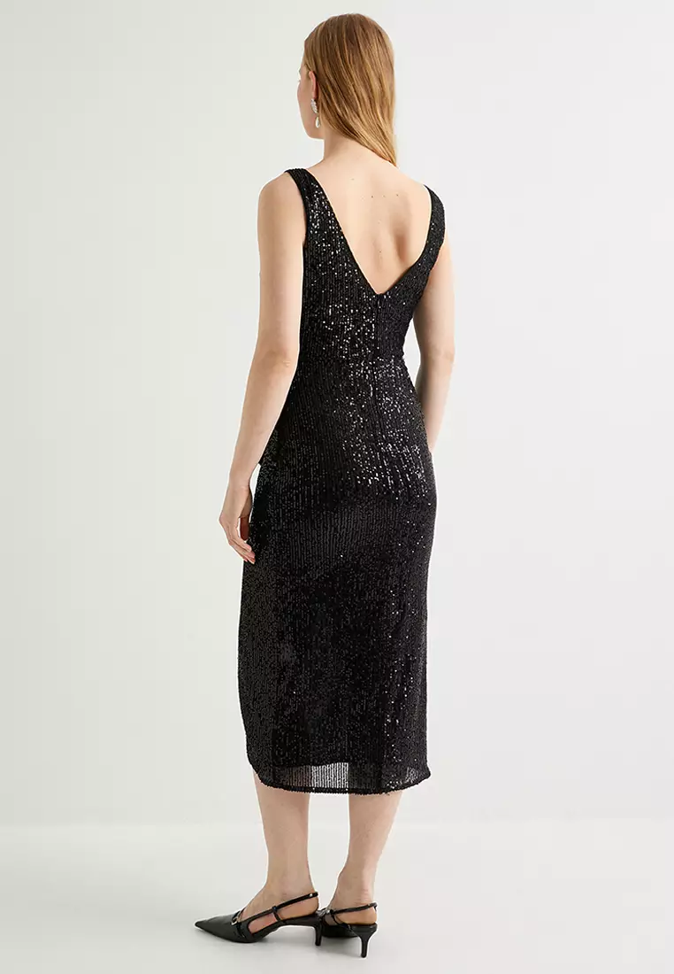 Midi Double Breasted Collar Sequin Sequined Evening Dress Deep Slit V-Neck