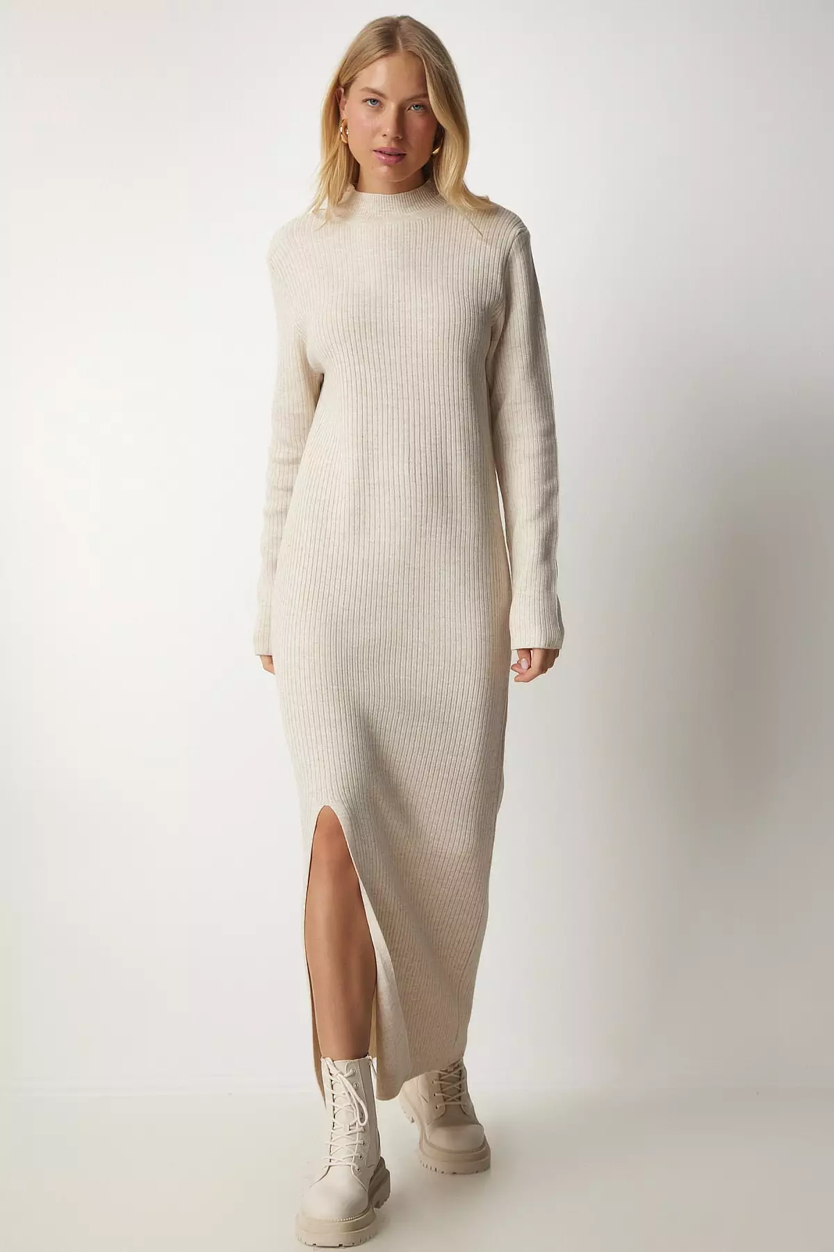 Turtleneck Slit Long Knit Dress