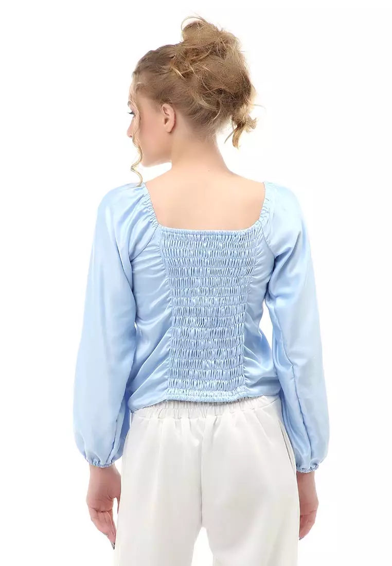 Cheva Blouse Casual Wanita Sabrina Kerut Dada Lengan Panjang Material Satin ORIGINAL - Blue