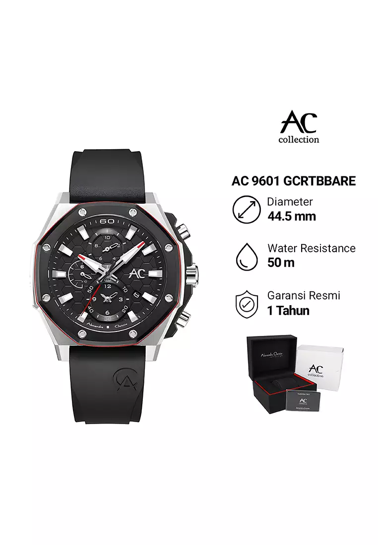 Alexandre Christie Chronograph - Jam Tangan Analog Pria - Silver Case - Black Rubber Strap - 9601 GCRTBBARE