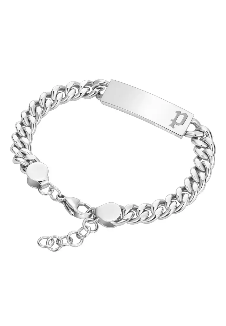 Police Strip II P-Logo Cuban Chain Silver Stainless Steel Bracelet For Men PPEAGB0010401