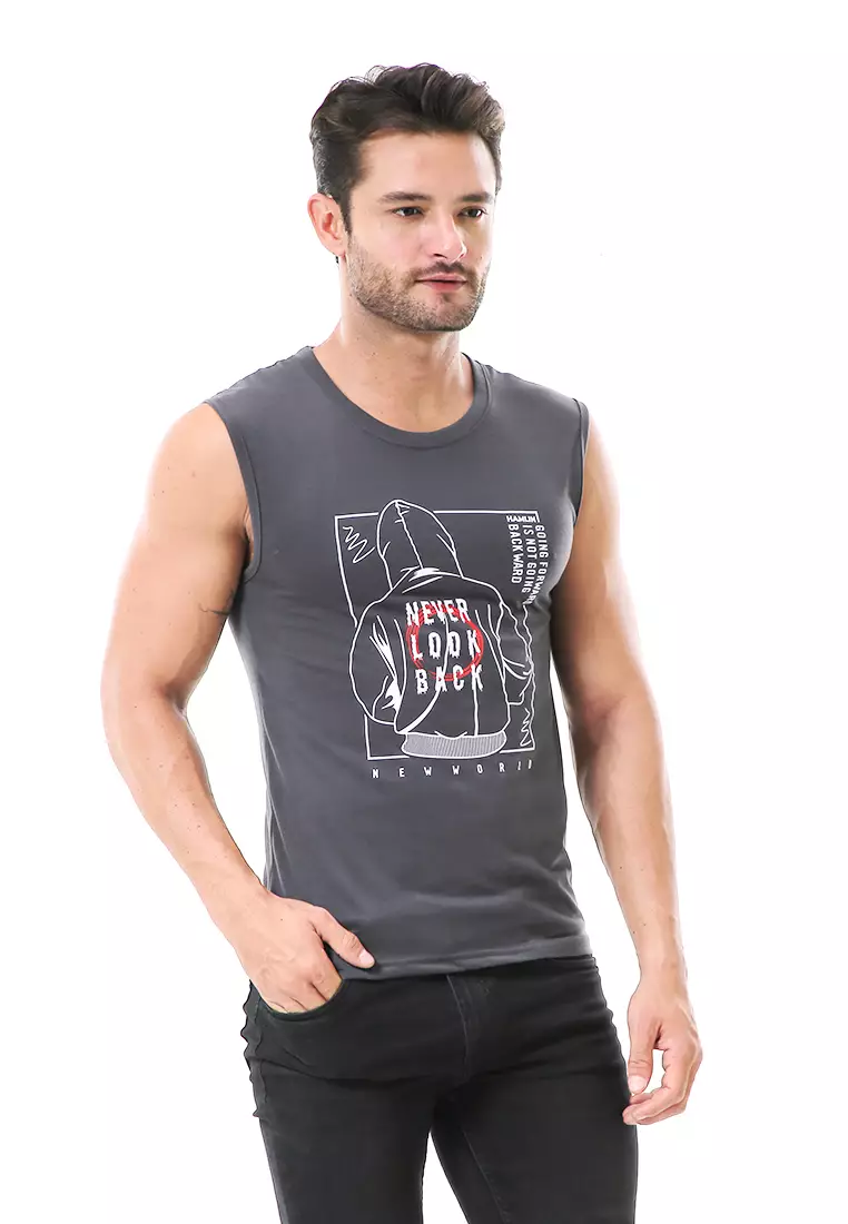 Bobby Atasan Kasual Pria Singlet Motif Never Look Back Sleeveless Tshirt Material Cotton ORIGINAL - Gray