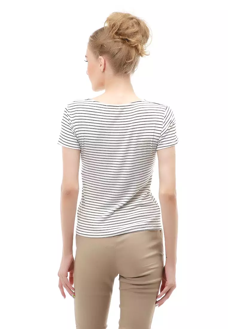 Genevie Blouse Kasual Wanita Lengan Pendek Model Salur Variasi Kerut Tengah Material Cotton ORIGINAL - White