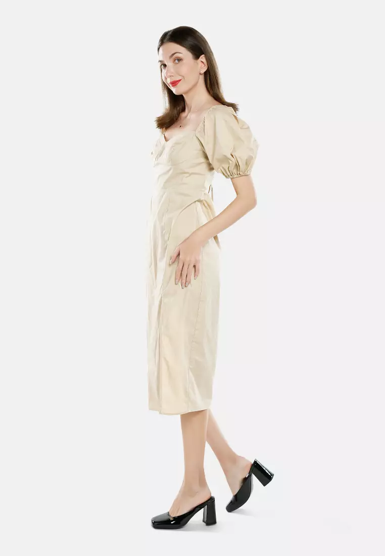 Puff Sleeves Slit Dress In Tan