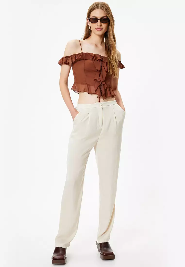 Carrot Cut Fabric Trousers Aerobin Satin Pocket Pleated Detailed