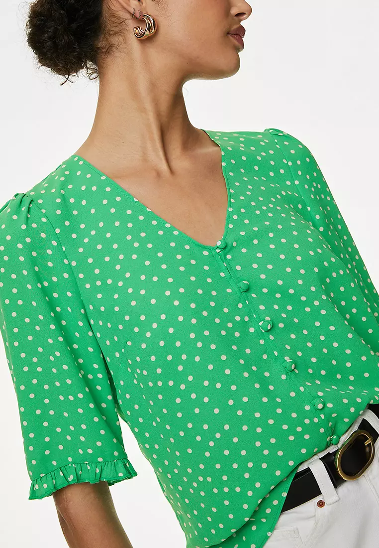 Printed V-Neck Puff Sleeve Blouse