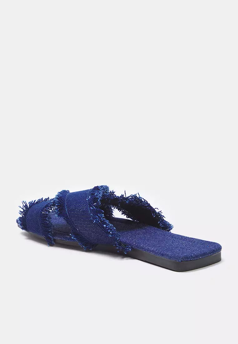 Navy Blue Tassel Detailed Denim Cross Banded Women's Slippers Takss25Te00043
