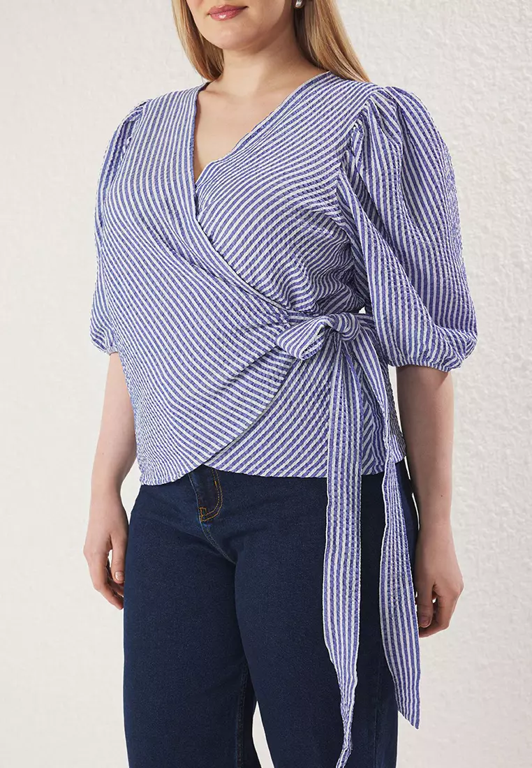 Multicolored Double Breasted Plaid/Checked Seersucker Woven Plus Size Blouse TBBSS25AF00017