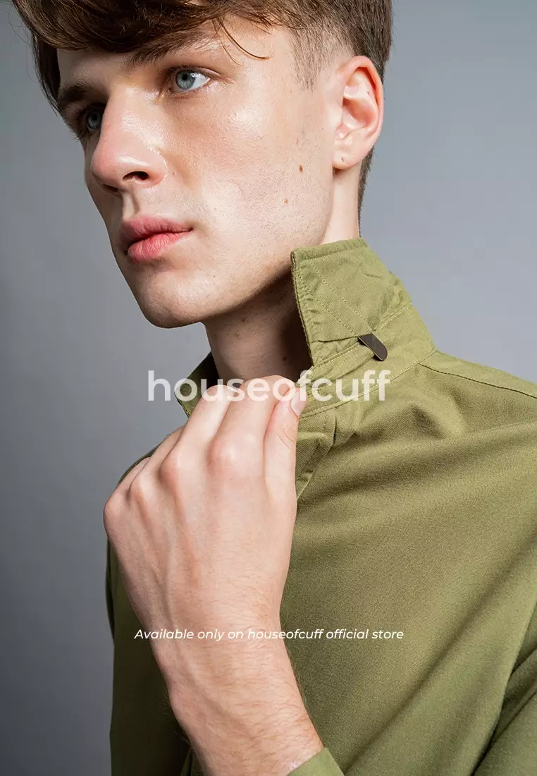 Houseofcuff Kemeja Kerja Formal Pria Model French Cuff / Double Cuff Dengan Cufflinks Warna Hijau Olive (Incl.Collar Stay + Cufflinks )