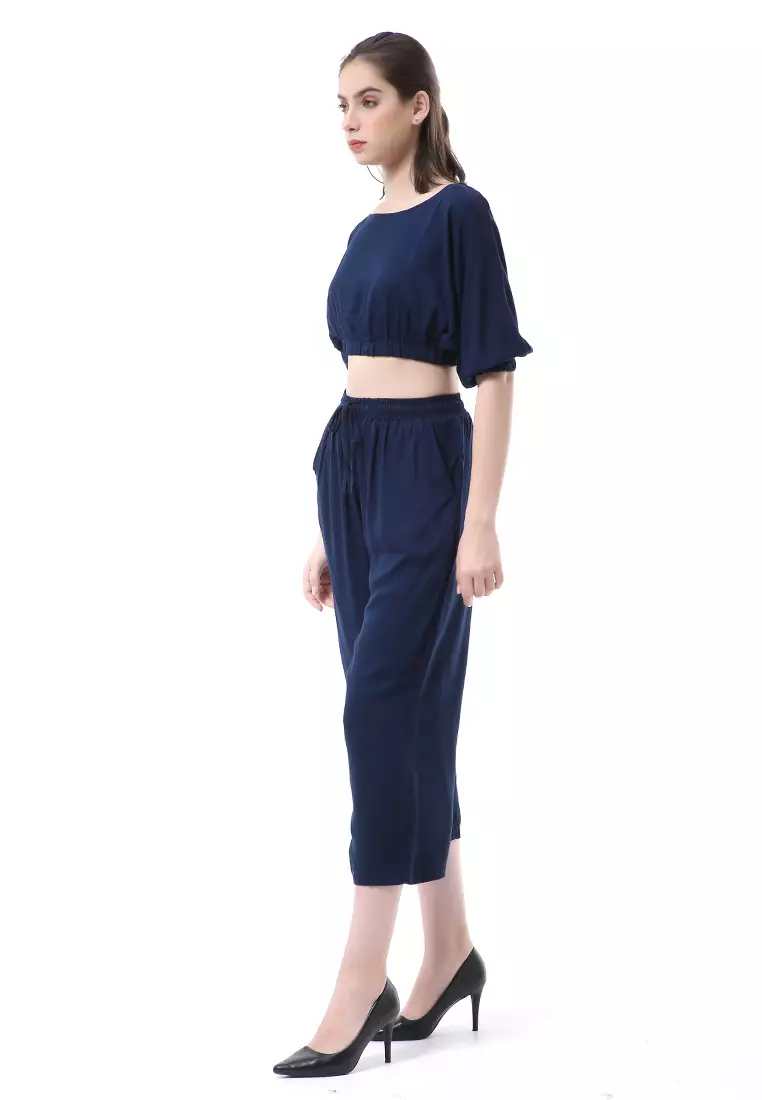 Nayra One Set Setelan Wanita Atasan Crop Lengan 3/4 Celana Kulot Material Rayon ORIGINAL - Navy