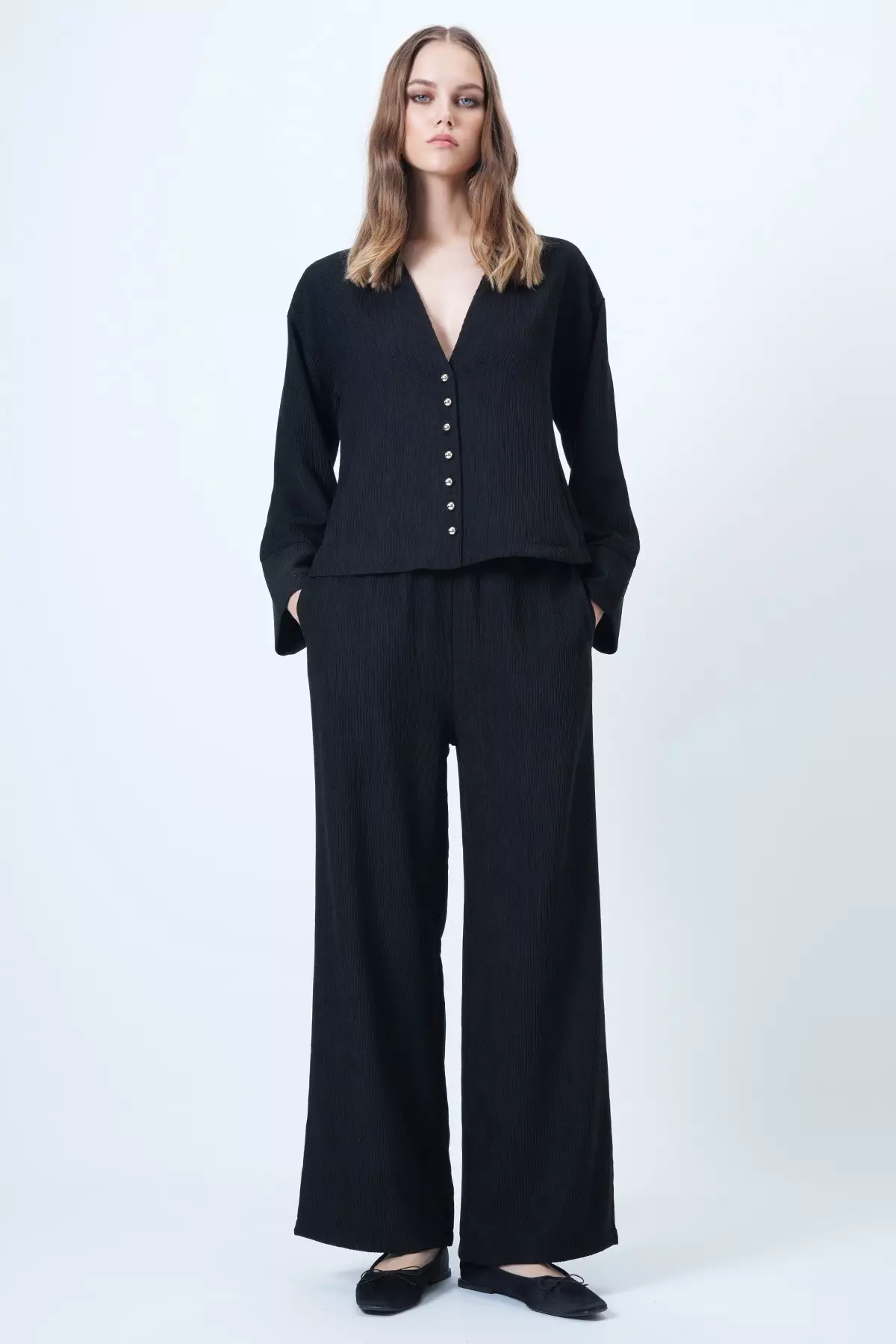 Black Judge Collar Gold Button Detailed Velvet Jacket And Palazzo Trousers Two-Piece Set Alc-X14633