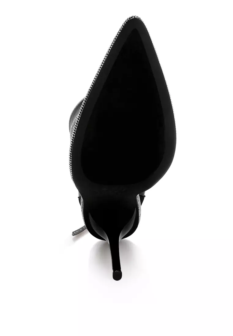 Sepatu Bot Betis Satin Bertali Berlian Imitasi Warna Hitam