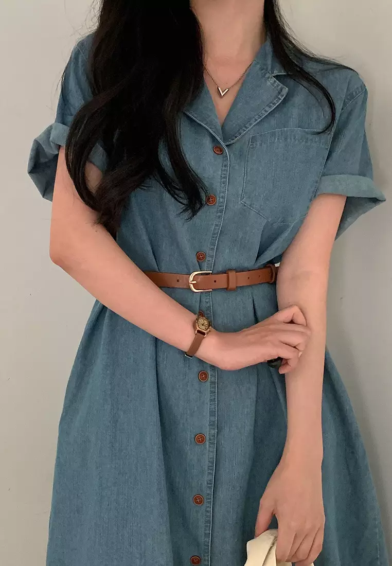 Retro style waist cinched short sleeved denim dress CA25032719LGBL