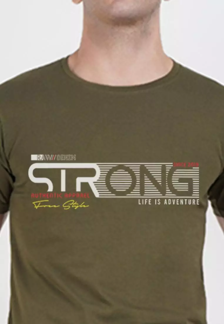 强力印花图案橄榄色棉质短袖圆领休闲 T 恤