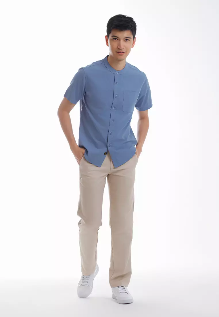 Forest Woven Mandarin Collar Short Sleeve Men Shirt | 621405-31Blue