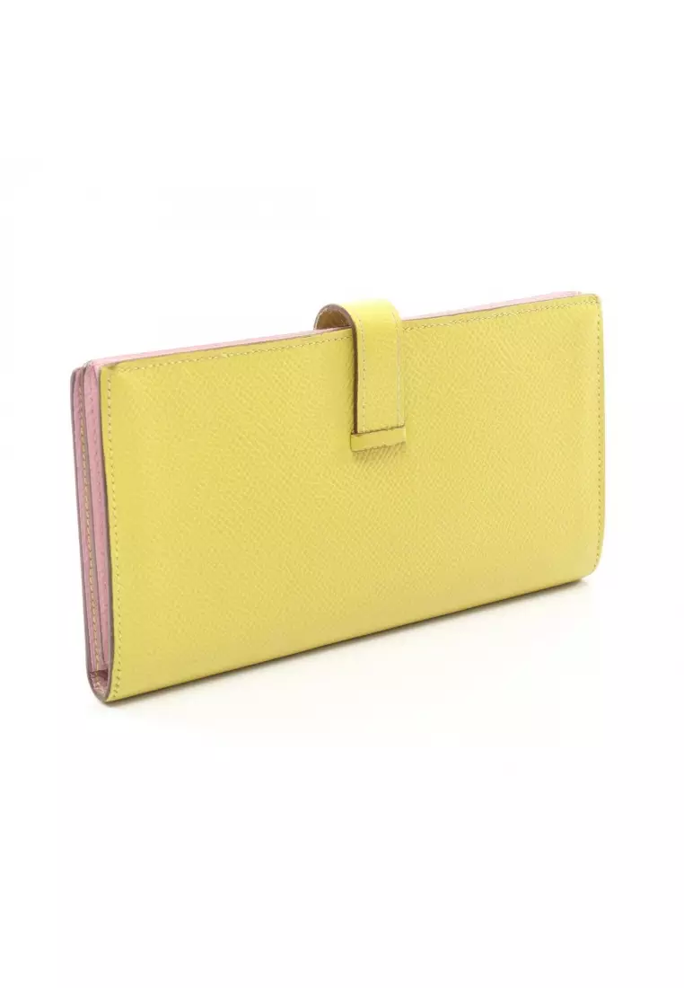 Pre-Loved Hermès bear souffle Verso lime mauve sylvestre Bi-fold Long Wallet Veau epsom yellow silver hardware D stamp